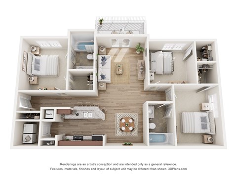 Floor plan for 3 beds, 2 baths, 1265 sqft